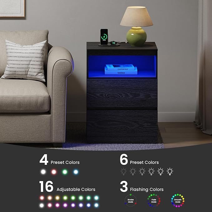 Nightstand with Charging Station and LED Light, 26" H with Hidden Drawer, 3 Drawers,Modern Night Stand for Bedroom, Black