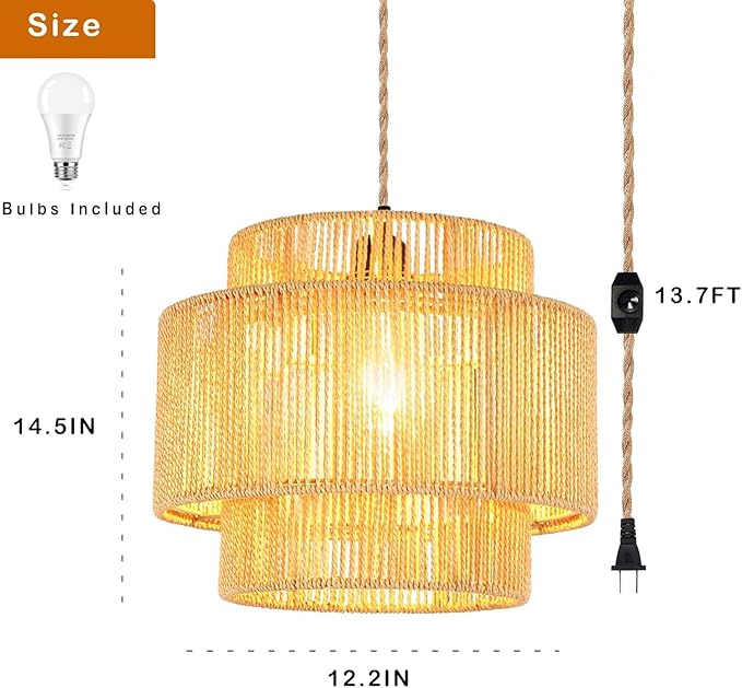 Plug in Pendant Light Hanging Lights with Plug in Cord Hanging Lamp Boho Rattan Dimmable Wicker Bamboo Woven Shade Hemp Rope Ceiling Light Fixture for Living Room Bedroom Kitchen