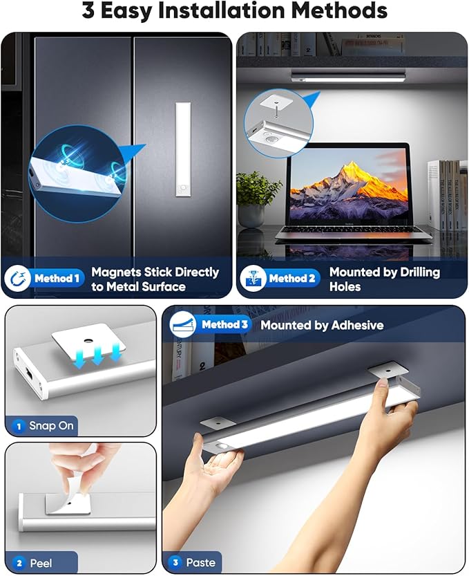 Under Cabinet Lighting, 10 Inch LED Battery Operated Rechargeable Motion Sensor Lights Indoor, 2200mAh Magnetic Wireless Closet Light, 6500K Dimmable Under Counter Lights for Kitchen, Stair, 3 Packs