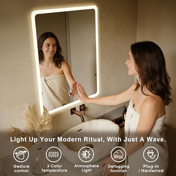 WARM&LOVE 16 x 24 Inch LED Bathroom Mirror, Hand Scan Sensor Anti-Fog Bathroom Mirror with Lights, Stepless Dimming, 3 Color Lighting, Lighted Bathroom Mirrors for Wall, Vertically Only
