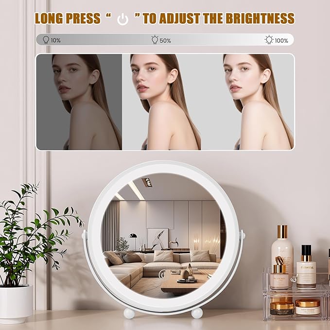 Travel Makeup Mirror, 8" Small Vanity Mirror with Lights, 1500mAH Battery, 3-Color Lighting, Dimmable, 360° Rotation, Round Portable Desk Mirror, Travel Essentials (White)
