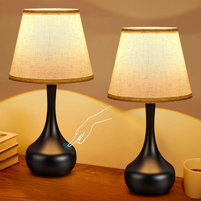 Touch Table Lamp for Bedroom Set of 2, Farmhouse 3-Way Dimmable Table Lamps for Nightstand with Fabric Shade, Lamps for Living Room，Desk Lamps for Home Office, Black Lamp for Bedroom