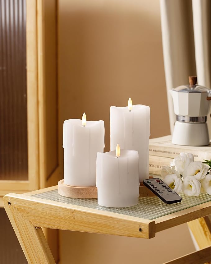 White Flameless Candles with Remote and Timer, Real Wax Made Wax Drip LED Pillar Candles Battery Operated with 3D Flickering Flame Melted Top - 3" x 4",5",6" - Set of 3
