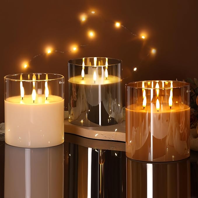 Eywamage 3 Wick Clear Glass Flameless Candle with Remote, Large Flickering LED Battery Pillar Candle Φ 6" H 6"
