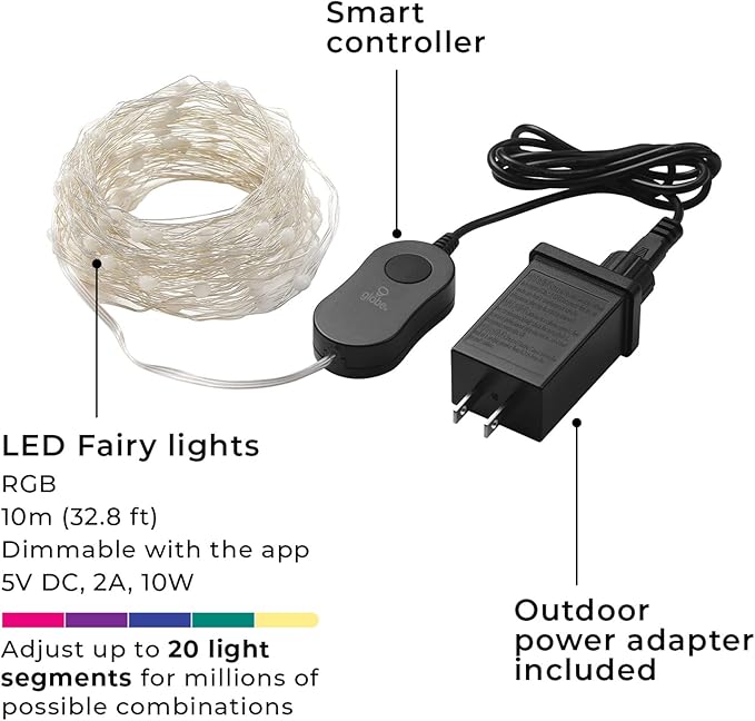 Globe Electric 50597 Wi-Fi Smart Multicolor Changing RGB LED Music Sync Plug-in Fairy Lights, No Hub Required, Voice Activated, 10 Meters/32.8 Feet, IP65 Rated, Indoor, Outdoor