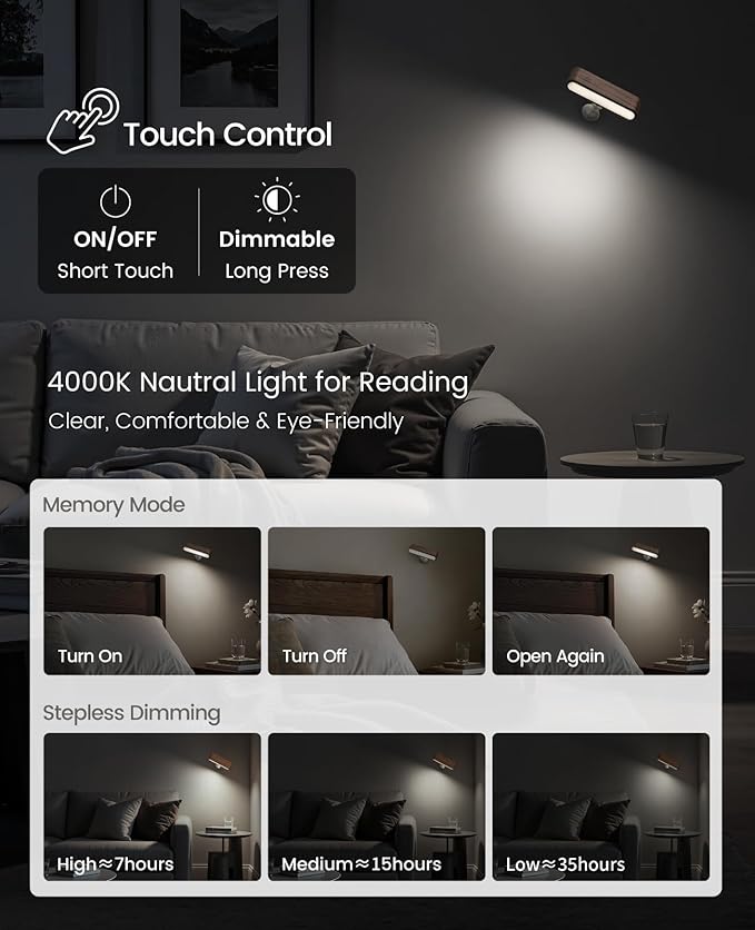 Wood LED Wall Sconce Magnetic 360°Rotate Wall Mounted Lamp Brightness Adjustable Night Lights Rechargeable Battery Powered Reading Light for Bedside Hallway Living Room (1 Pack Black Walnut)