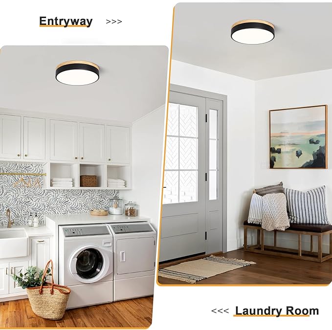 Modern Dimmable Wood Ceiling Light, Black Round LED Flush Mount Ceiling Lighting Fixtures, Minimalist Ceiling Lamp for Kitchen Bedroom Laundry Room Living Room Entryway Hallway&11.81 in