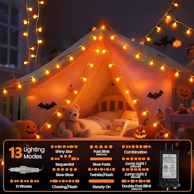 LORRYTE Connectable Orange Halloween Lights Outdoor Indoor - 43FT 100LED Globe String Lights Plug in with Timer, 13 Modes Fairy Light Waterproof for Party Halloween Decorations Bedroom Decor
