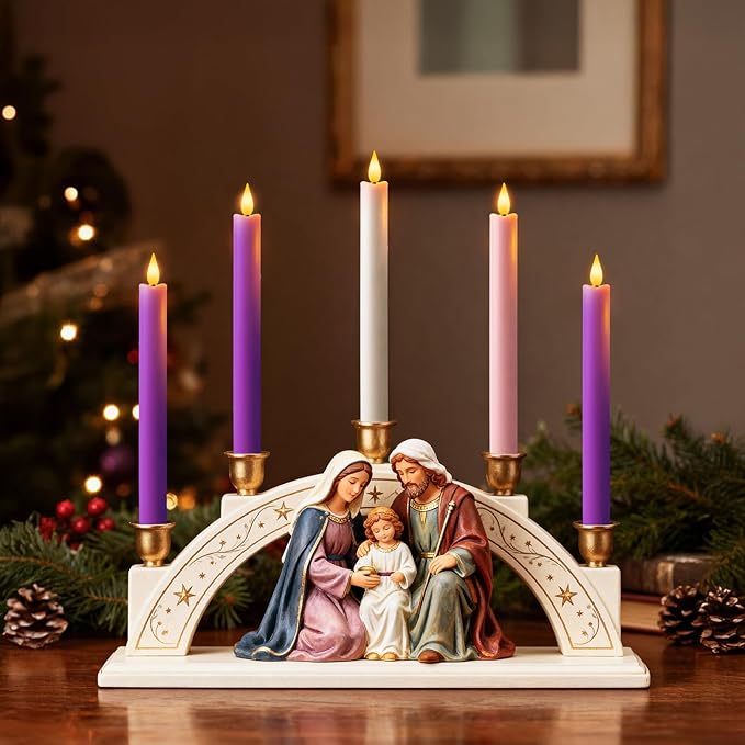 LED Advent Candles Set of 5, Flameless Taper Candles with Remote, Battery Operated Taper Candlestick Flickering, 3 Purple, 1 Pink, 1 White for Christmas Wreath