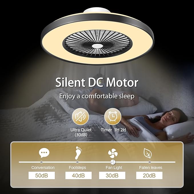24" Bladeless Ceiling Fan with Light, Low Profile Ceiling Fan with with Alexa, Remote/APP/Voice Control, Modern Flush Mount Ceiling Fans Dimmable Color Chaning LED-RGB Ambient Light Black