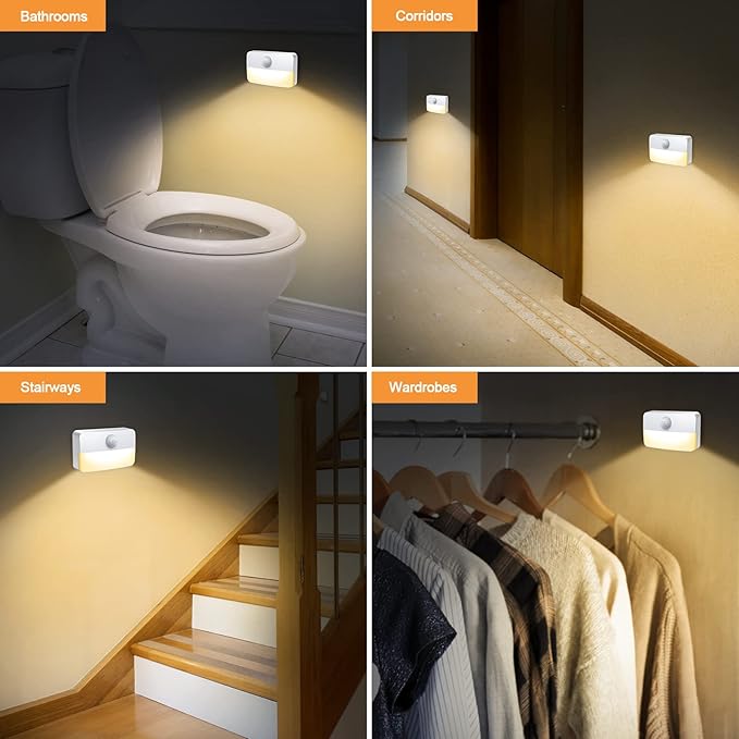 12 Pack Motion Sensor Night Light, Stick-On Motion Sensor Lights Indoor, Battery Powered Under Cabinet Kitchen Lights with Adhesive Pads, Auto/On/Off for Cupboard Wardrobe Stair Kitchen- Warm White