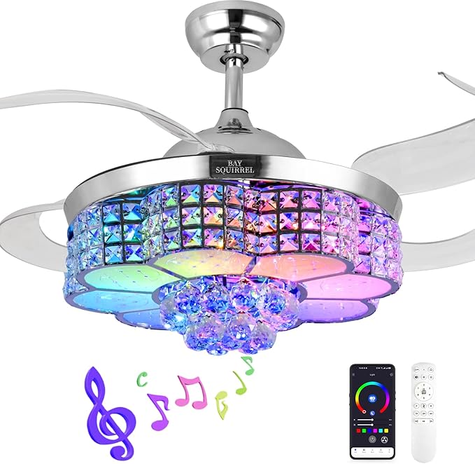 BAYSQUIRREL 42-inch Retractable Ceiling Fan with Light and Remote/APP Control, Bluetooth Ceiling Fans with Speaker, RGB-LED Light 6 Speeds Reversible Blades,Flush Mount Chandelier Crystal Ceiling Fan