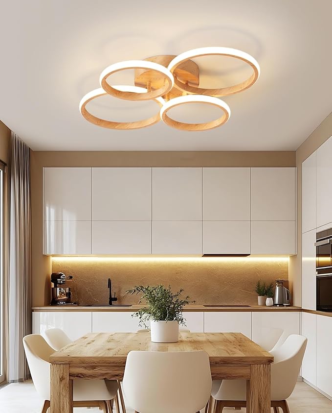 Dimmable LED Semi Flush Mount Ceiling Light Fixture with Remote Control 3-Color Dimming Circle Modern Light, Close to Ceiling Bedroom Kitchen Hallways Balcony Corridor Lamp (4 Ring LightWood)