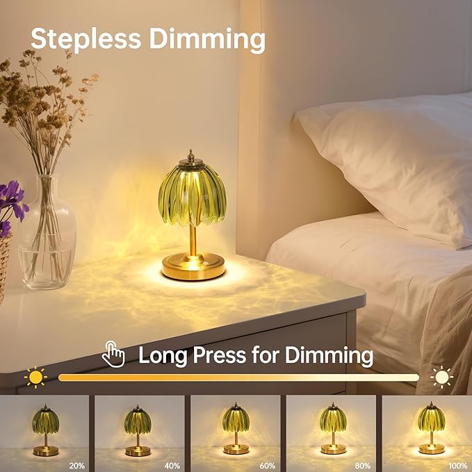 Tulip Small Table Lamp, 5200mAh Cordless Touch Control Mini Table Lamp with 3 Color Temps & Stepless Dimming, Perfect for Small Spaces Like Dressers, Bedsides, Bookshelves (Green Tulip)