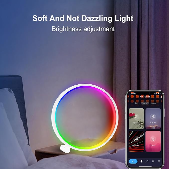 White LED Intelligent Color Changing Circular Table Lamp -16 Million RGB DIY Mode and Modern Game Light, with Music Synchronization, Voice Control, Computer Desk and Home Office Decoration