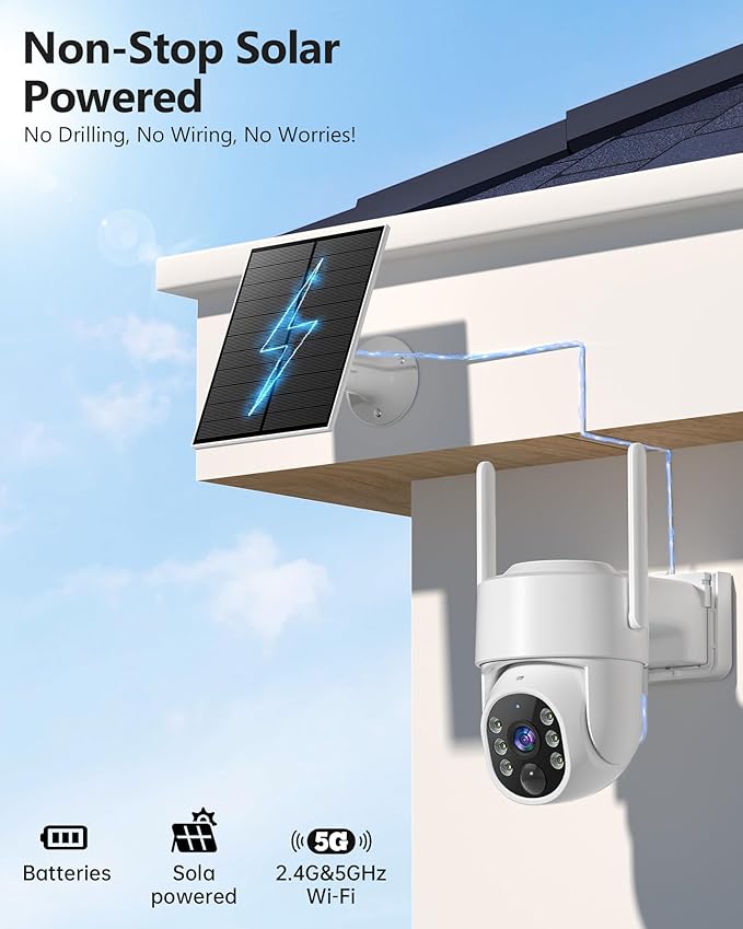5G&2.4GHz Security Cameras Wireless Outdoor, 2K Cameras for Home Security, Solar & Battery Powered Security Camera Outdoor, Color Night Vision, PTZ Human Detection, 2 Packs