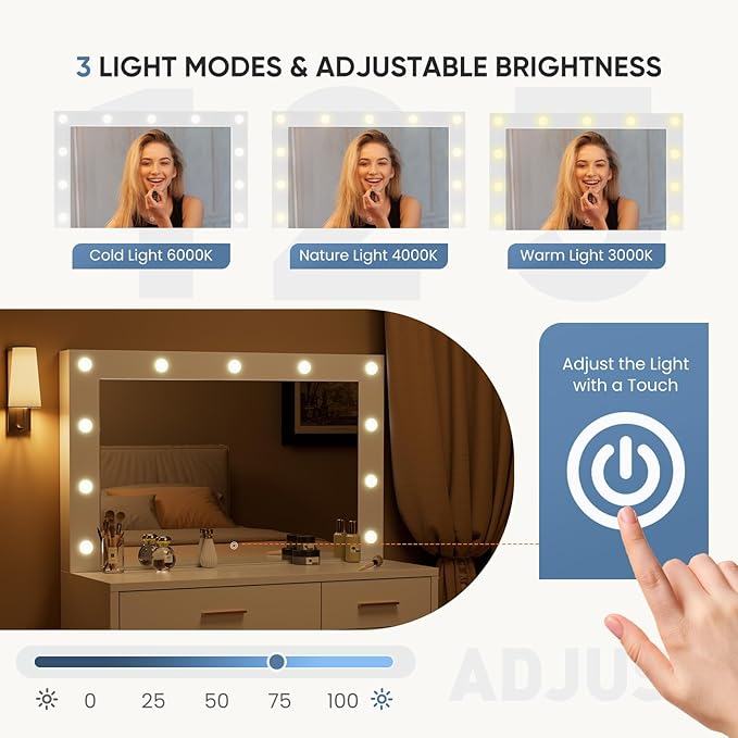 DUMOS Vanity Desk with Mirror and 11 LED Lights, Makeup Vanity Table with Charging Station (2AC/USB/C), Dressing Table with 2 Drawers & Large Cabinet, 3 Lighting Color Adjustable, White