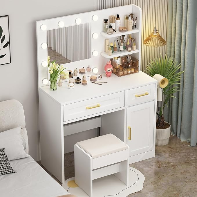 Vanity Desk with Mirror and Lights & Power Outlet, Makeup Desk with Drawer & Storage Shelves, 3 Lighting Modes Adjustable Brightness, Modern Gold Handle Dressing Table with Vanity Chair Bedroom