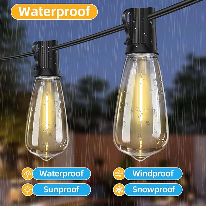 ST40 LED Outdoor String Lights 100FT with 50+2 Bulbs, E17 Socket, 0.6W, 2700K Warm White–Connectable for Garden, Backyard, Bistro, Patio, Porch, Deck, Gazebo, Party Decor