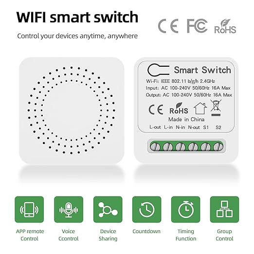VIPMOON WiFi Smart Light Switch, Mini Smart Breaker Module, APP/Voice Remote Control, Compatible with Alexa, Google Home, Tuya/Smart Life (1/2 Way, AC 100-240V)