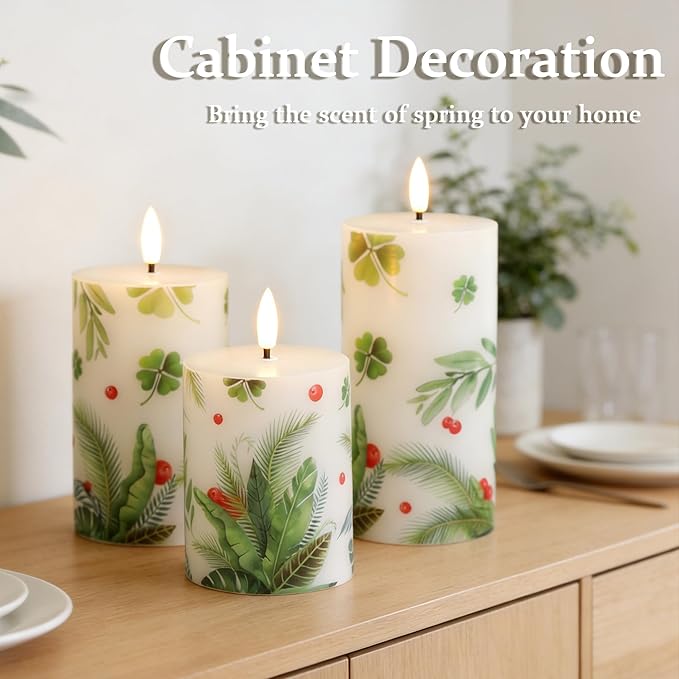 Flameless Pillar Candles with Remote, 3 Pack Battery Operated Real Wax Green LED Candles, Perfect for Spring Summer Home Decorations Fireplace Table, Shamrock