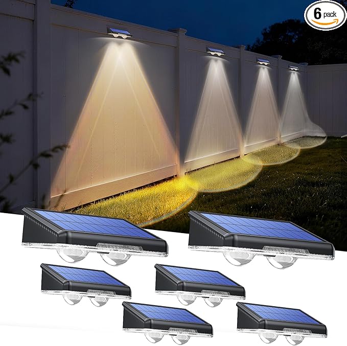TECKNET Solar Fence Lights Outdoor 6 Pack, 3 Modes 3500K/4500K/6500K, IP66 Waterproof LED Deck Light, Dusk to Dawn Fence Lights Solar for Wall, Railing, Step, Patio, Pool, Backyard, Outside