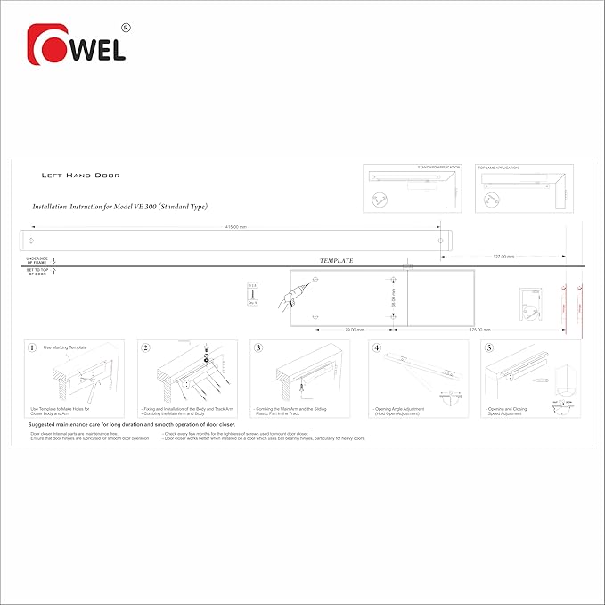 OWEL - Automatic Adjustable Door Closer for Residential/Commercial use, Heavy Duty with Slim Look and Easy Installation (Sleek & Heavy Duty VE300)