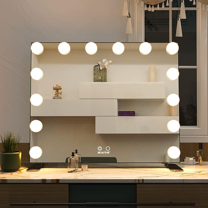 BEAUTME Vanity Mirror with Lights, Lighted Makeup Mirror with 14 Dimmer Bulbs, 2 Color Lighting Mode, Touch Control, Tabletop or Wall Mounted for Bedroom,Dressing Room,Black 23.6" X 20"