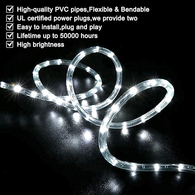 SURNIE Rope Lights Outdoor Waterproof Daylight White: LED 50FT Cuttable Outside Bright 110V Lighting Connectable Flexible Plug Cool Clear Tube, Indoor Deck Patio Xmas Camping Decor, Not Flat Strip