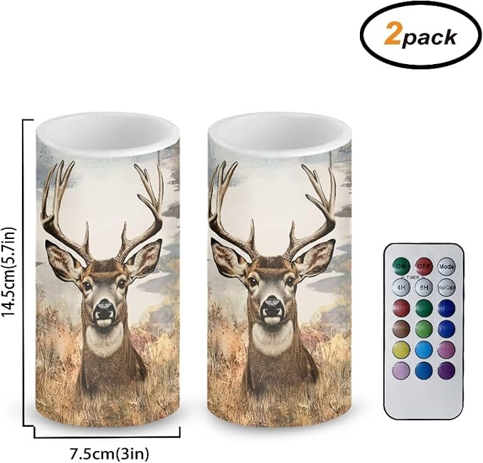 Deer Flameless Candles 2 Pack 6 x 3 inch Battery Operated Candles with Multicolor Timer Remote Control LED Fake Candles for Warm Light Dinner Table Home Decor