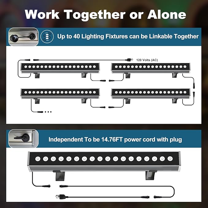 Smart Wall Washer Light Bar 20in RGBCW – Linkable Waterproof LED Light for Indoors/Outdoors with App/Voice Control, 16M Colors, Dimmable, Music Sync, 50 Scene Modes, Timer, AC120V