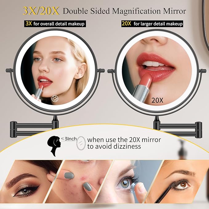 FUNTOUCH 20X/3X Rechargeable Wall Mounted Makeup Vanity Mirror with Lights, Double Sided Magnifying Wall Mount Mirror,3 Color Lighting, Touch Screen Dimming,Extension Arm 360 Rotation Wall Mirrors