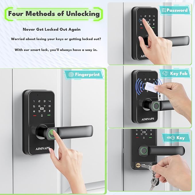 Keyless Entry Door Lock with Handle, Door Locks for Bedroom, Auto Lock, Fingerprint Door Knob with Key, Passcode, Digital Smart Code & Front Handle Sets-Black