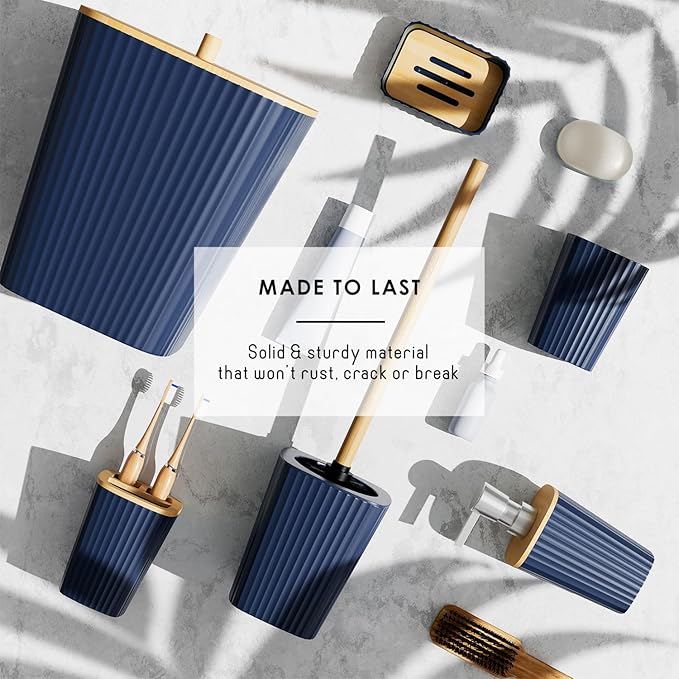 Clara Clark Bathroom Set - Navy Blue Bathroom Accessories Set, 6PC Bathroom Accessory Set, Bathroom Sets with Bathroom Rugs, Adhesive Corner Shower Caddy Hanging, Toilet Brush & Trash Can