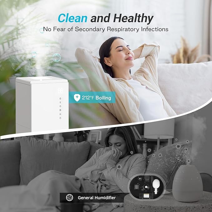 6L Stainless Steel Warm Mist Humidifier with Easy Clean and Warm Steam Function, Healthy Air Mist Humidifiers for Bedroom Living Room, with Sleep Mode and Auto-off Setting