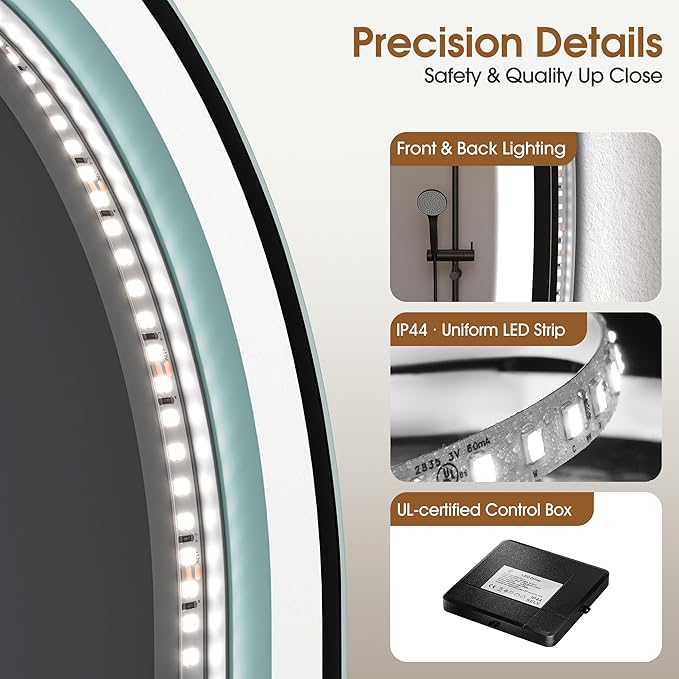STARLEAD 28" Black Frameless Round LED Bathroom Mirror with Bluetooth Speaker, Dimmable Lighting, 3 Color Modes, Anti-Fog, Touch Control Wall Mounted Vanity Mirror