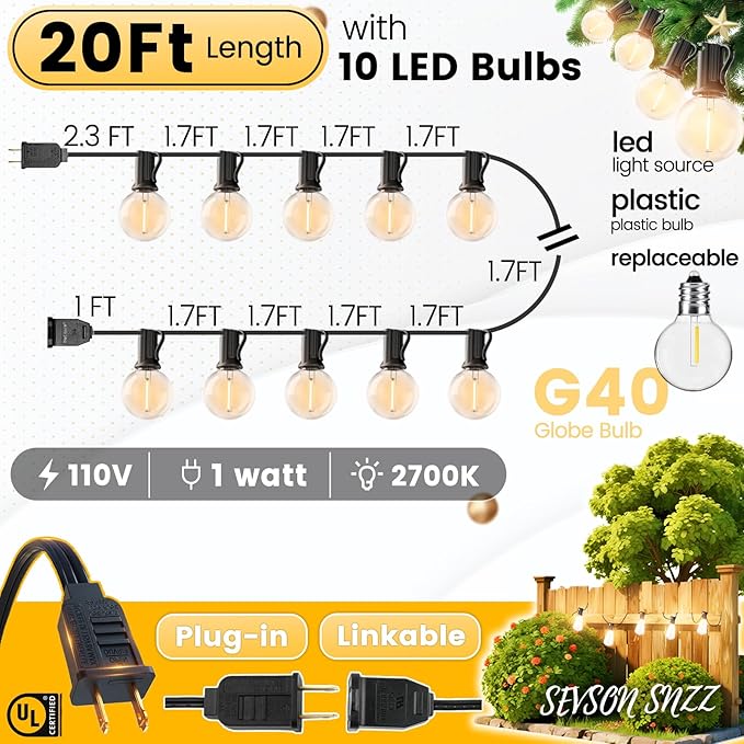 Outdoor String Lights 20FT - LED Waterproof Patio Lights G40 Globe Bulbs Shatterproof, Connectable Hanging Outdoor Lights for Outside Indoor Garden Backyard Deck Porch Party Decor