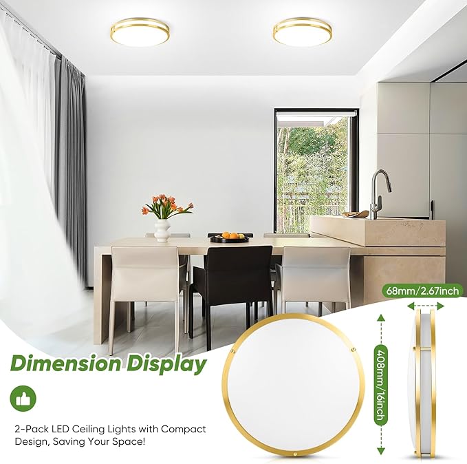TOBUSA 16in 50W LED Flush Mount Ceiling Lights 5600lm Super Bright, Dimmable LED Light Fixtures 2700K-6500K 5CCT Adjusted, 2-Pack Modern Light Fixture Ceiling for Living Room Bedroom Kitchen, Gold
