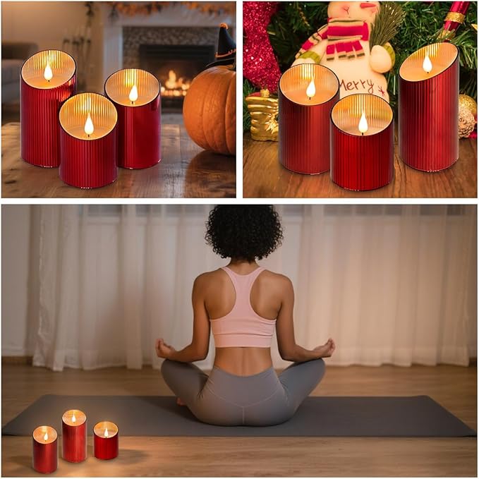 Rechargeable Flameless Candle, Flickering LED Pillar Glass Fake Candle with Remote and Timer, Built-in Battery Real Wax Electronic Candle for Room Decoration, Set of 3