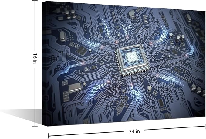 1 Panel Computer Chip Canvas Prints CPU Concept Wall Art Paintings Circuit Board Posters Stretched AI Pictures for Living Room Modern Home Decor Framed Wall Art Decorations, 24x16in