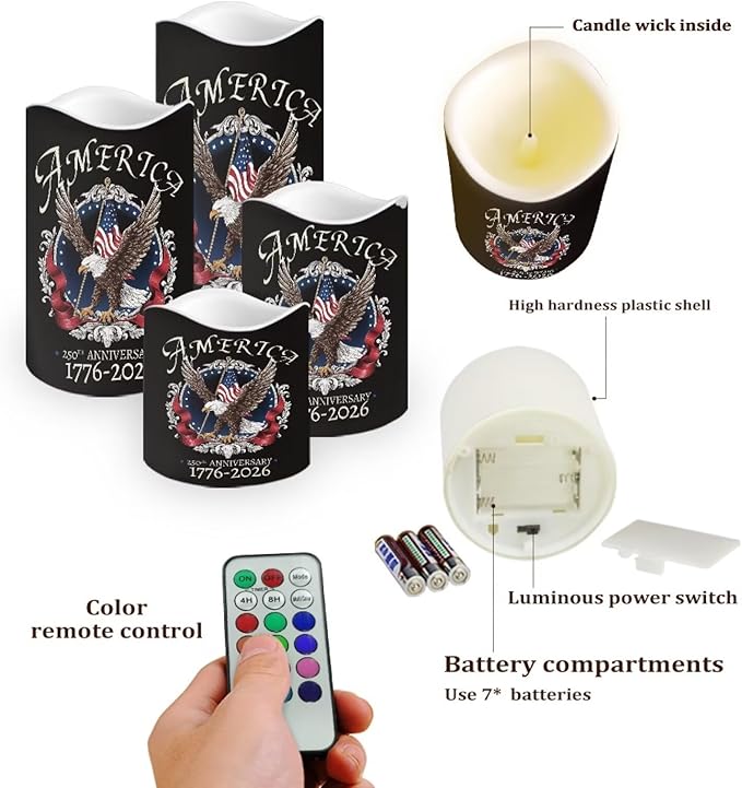 Bald Eagle 250th Anniversary Flameless Candles American Flag LED Candle Battery Operated with Remote Timer Patriotic Flickering Candle for Independence Day Home Outdoor Decor, 4 Pack