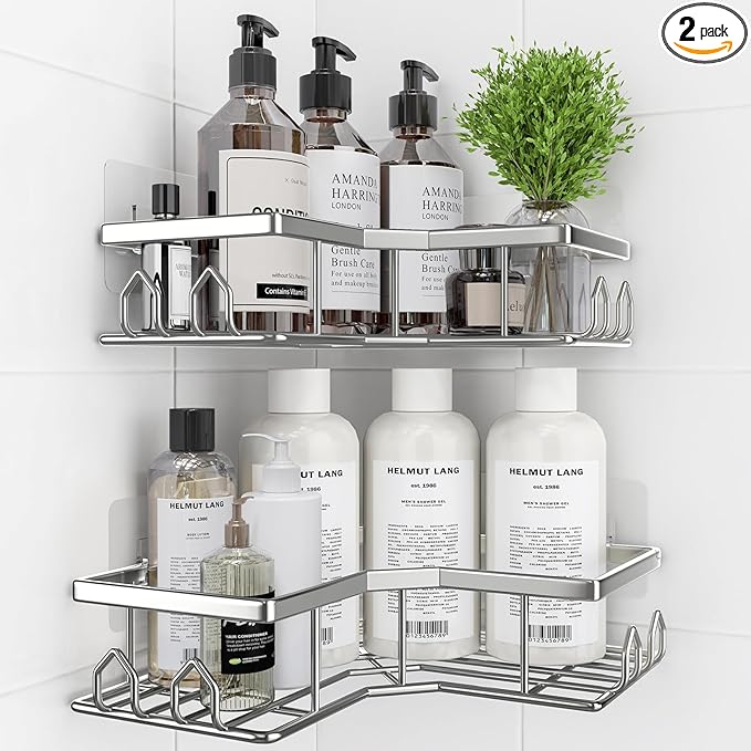 Adhesive Shower Caddy, 2 Pack Corner Bath Organizer, Rustproof Stainless Steel Shower Shelves with Large Capacity, No Drilling Shelves for Bathroom Storage, Home, Kitchen Decor (Silver).