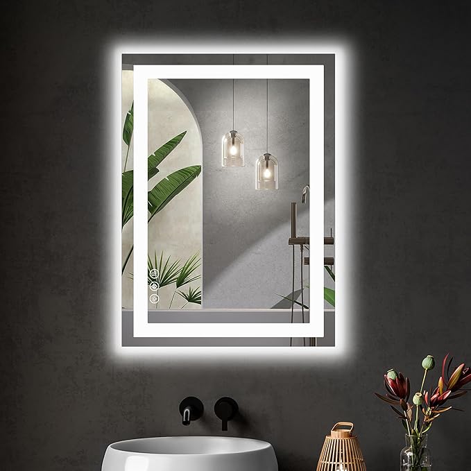 Sweetcrispy 20.1"x28.1" 1Smart Anti-Fog LED Bathroom Mirror with Front Light & Backlit, 3 Color Temperatures, Dimmable, Memory Function, Rectangle Modern Vanity Mirror