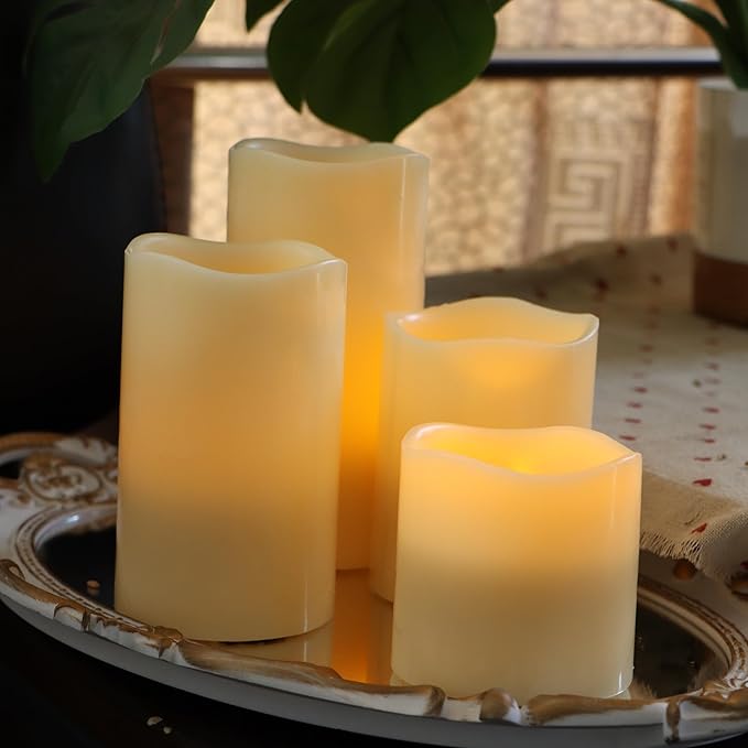 CANDLE CHOICE Battery Operated Flameless Candles with Timer Real Wax Realistic Flickering Electric LED Pillars Decorative Lights for Home Wedding Halloween Thanksgiving Christmas Decorations 4 PCS