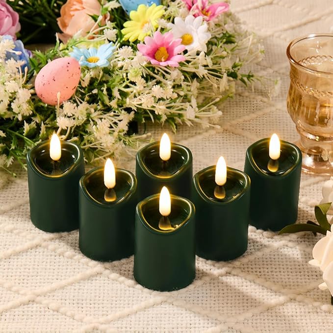 Simplelight Green Flameless Votive Candles with Timer, Realistic Black Wick Advent Wreath Candles Battery Operated, Battery Included, D 1.8” X H 3.1”, Set of 6 for Christmas Decoration(Green)