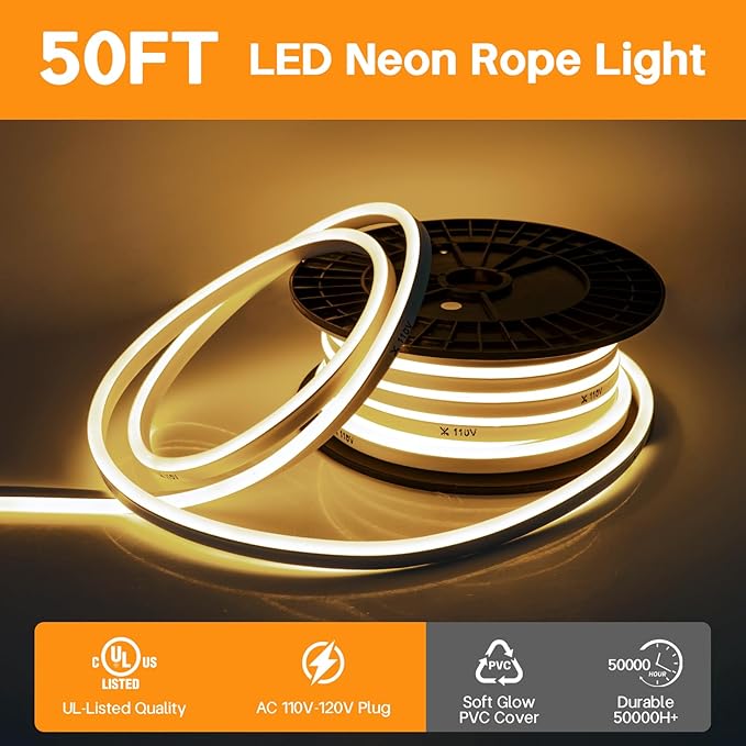 SURNIE 50ft/15m LED Neon Rope Lights - Commercial Neon Strip Light Outdoor Waterproof - 110V Flex Warm White Neon Lights Connectable DIY Strips Lighting for Indoor Outdoor Decor