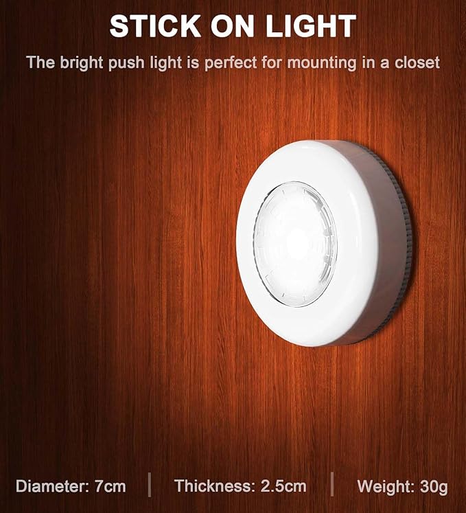 Tap Light Battery Powered, Push Light Battery Operated Wireless Touch Lights Stick On Puck Lights Under Cabinet Lighting for Closets Kitchen Indoor and More [4 Pack]