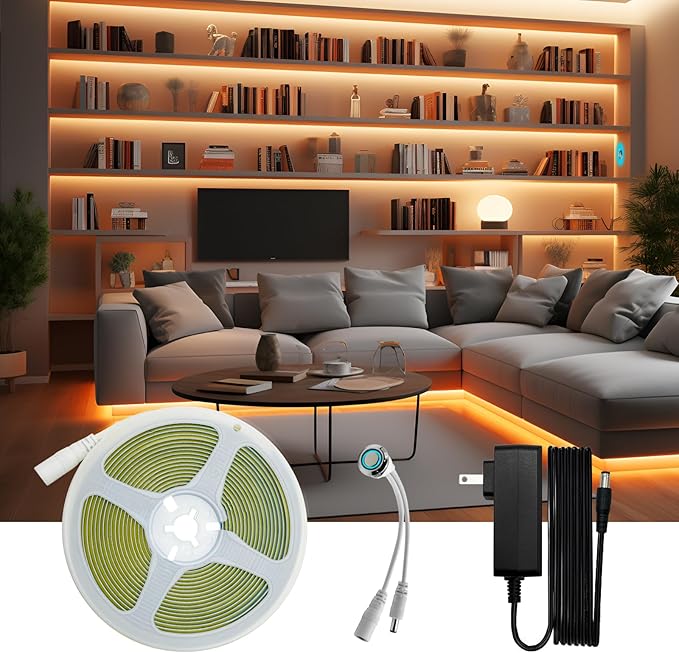 HAMRVL COB LED Strip Lights, 16.4ft 3000K DC12V Dimmable Wram White LED Light Strip with 1600 LEDs, Touch Dimmer, 12V Adapter, Flexible Super Bright Indoor COB LED Lights for Living Room,Shelf,Cabinet