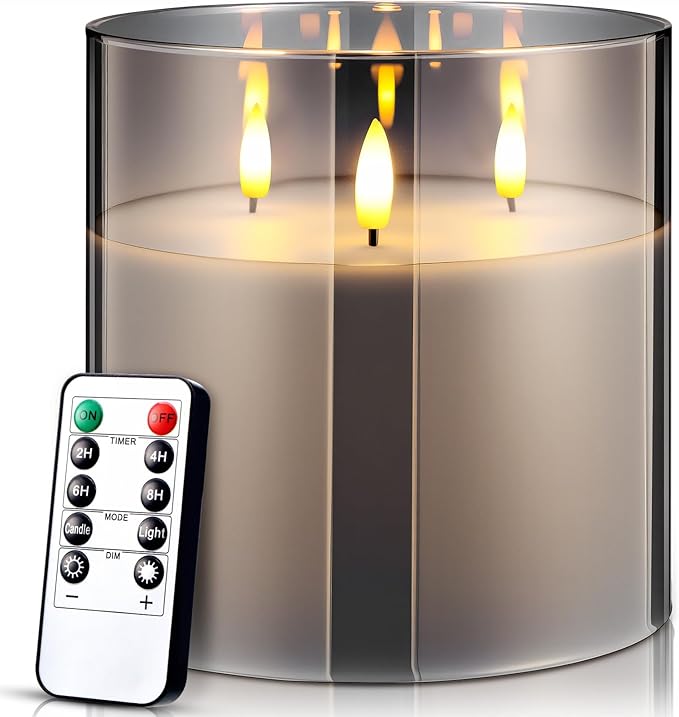 Retisee 6'' x 6'' Extra Large Flameless Candles, 3 Wick Glass Large Candles with Remote Control and Timer Function, Real Wax LED Pillar Flickering for St. Patrick's Spring Party Decor(Gray,1 Pcs)