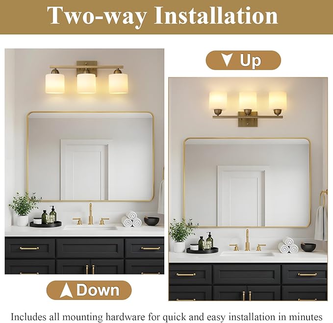 Milk Glass Vanity Lights for Bathroom, 3 Light Brass Bathroom Light Fixtures Over Mirror, Ceramic E26 Sockets Wall Mounted